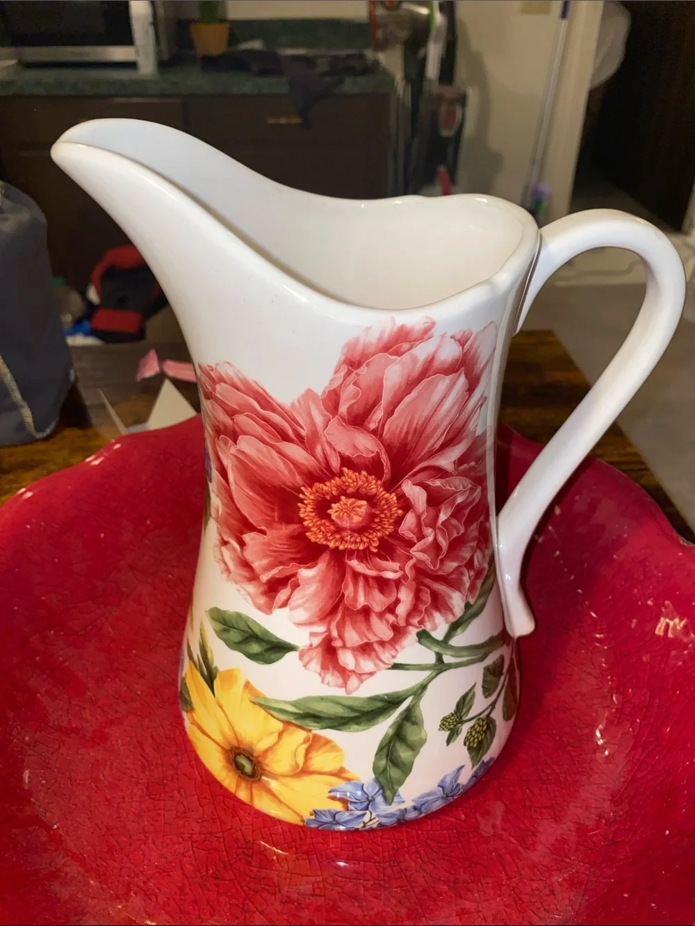 Pier 1 White Floral Ceramic Pitcher with Red and Yellow Flower Motif
